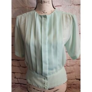 Vintage 80s Justine Todd Mint Green Pleated Button Blouse Size 8 Petite PM